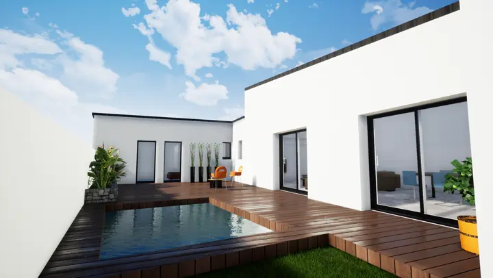 Perspective 3D d'une maison contemporaine avec piscine