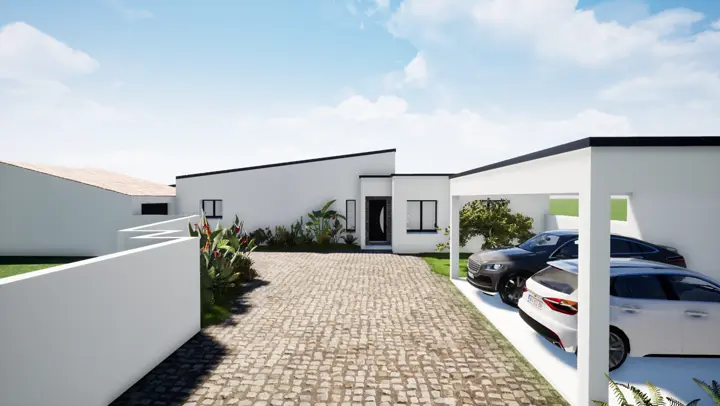 Perspective 3D : allée pavée et carport