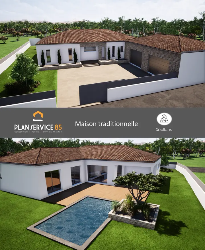 Perspectives 3D d'une maison traditionnelle avec piscine
